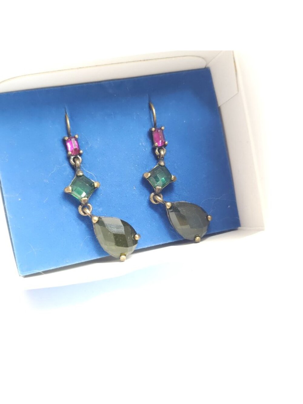 Geometric Linear Drop Earrings With Green & Pink Accent Stones Antique Gold-Tone